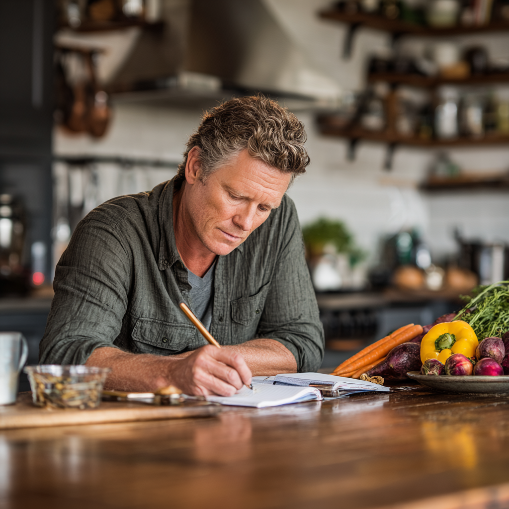 Middle-aged adult reviewing meal planning notes on a wooden kitchen table