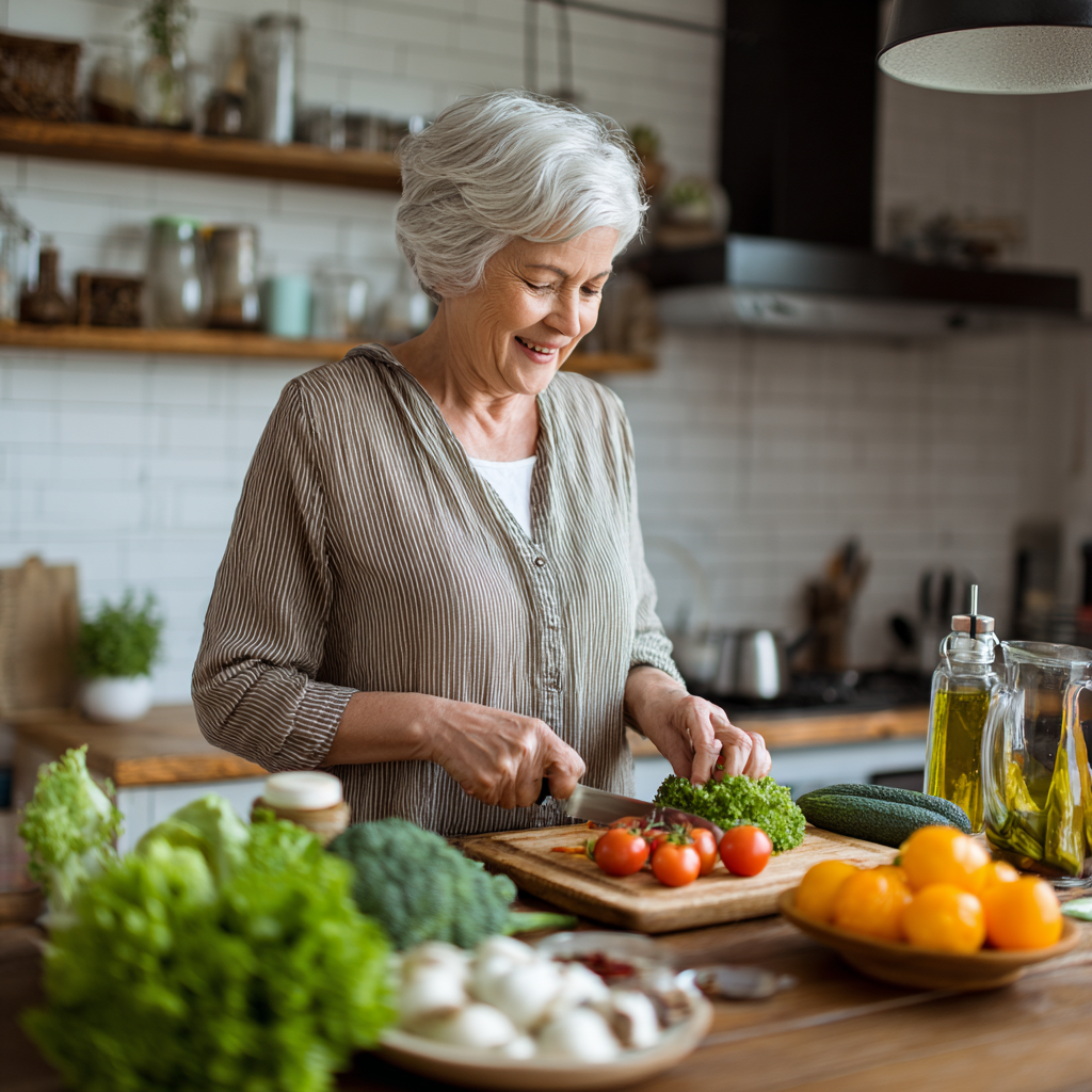 Older adult preparing simple balanced meal with fresh vegetables in a bright kitchen